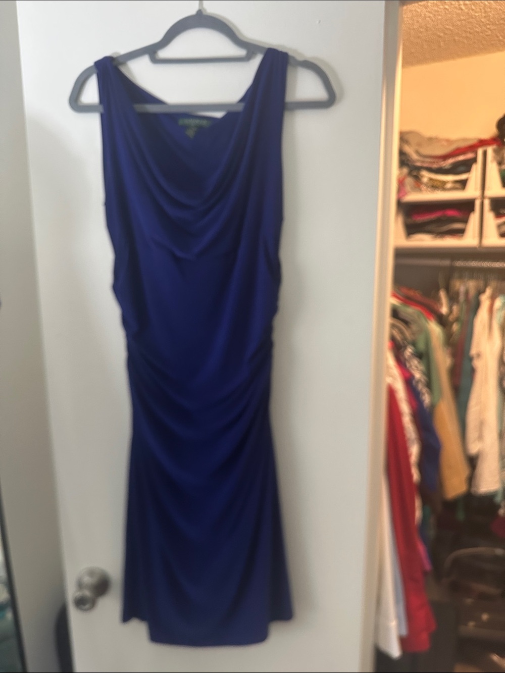 Lauren Ralph Lauren Royal Blue Cowl Neck Ruched Sheath Dress